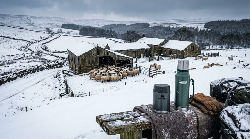 Wide landscape shot of a pastoral farm scene in harsh winter