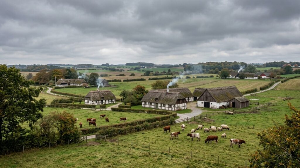 Wide angle shot of a Danish rural landscape on Zealand showi