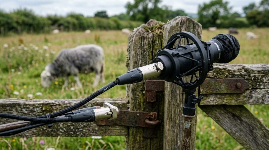 Close-up of professional XLR balanced audio cables properly