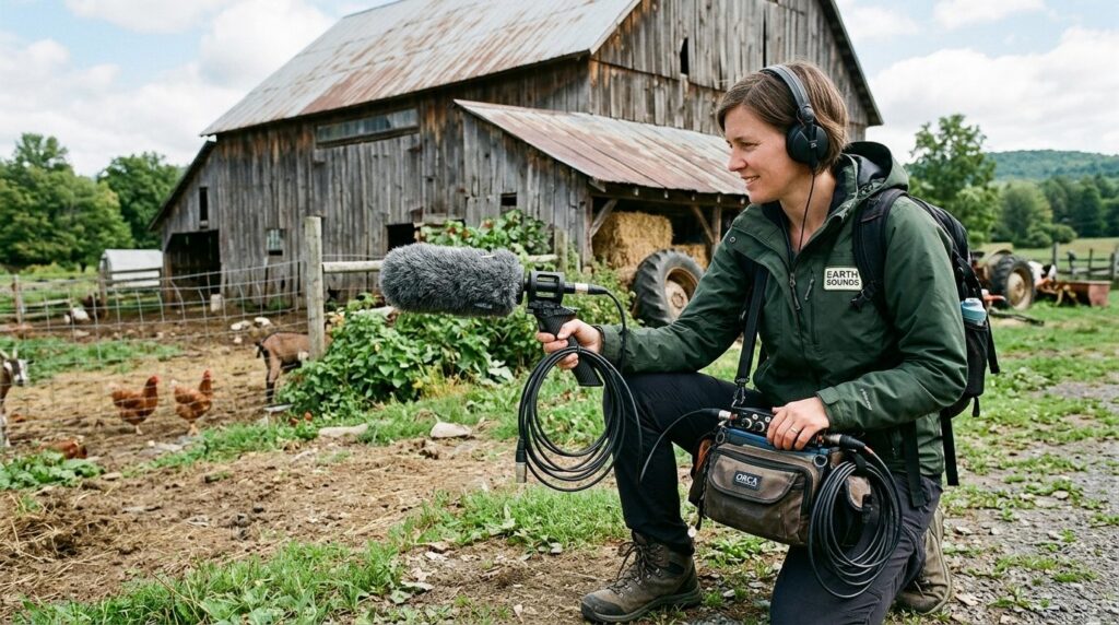 Nature documentarian holding professional microphone with sh