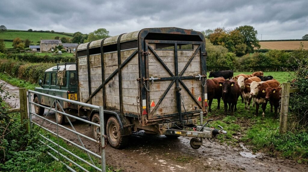 Realistic farm scene: Weathered wooden livestock trailer wit