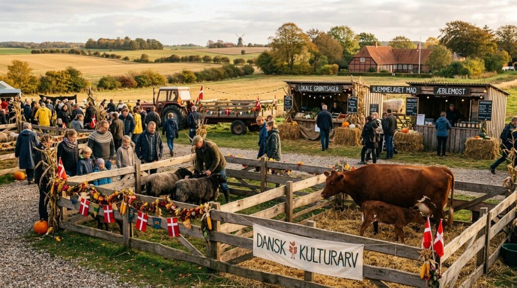 Authentic rural Danish autumn festival scene showing vintage