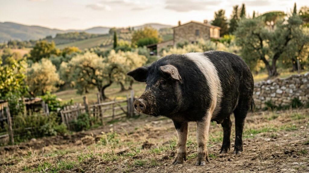 Close-up portrait of a Cinta Senese pig with distinctive whi