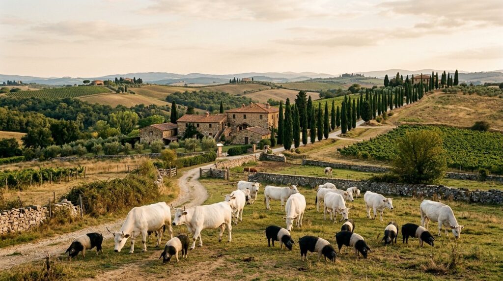 Wide landscape view of traditional Tuscan farmland with mixe
