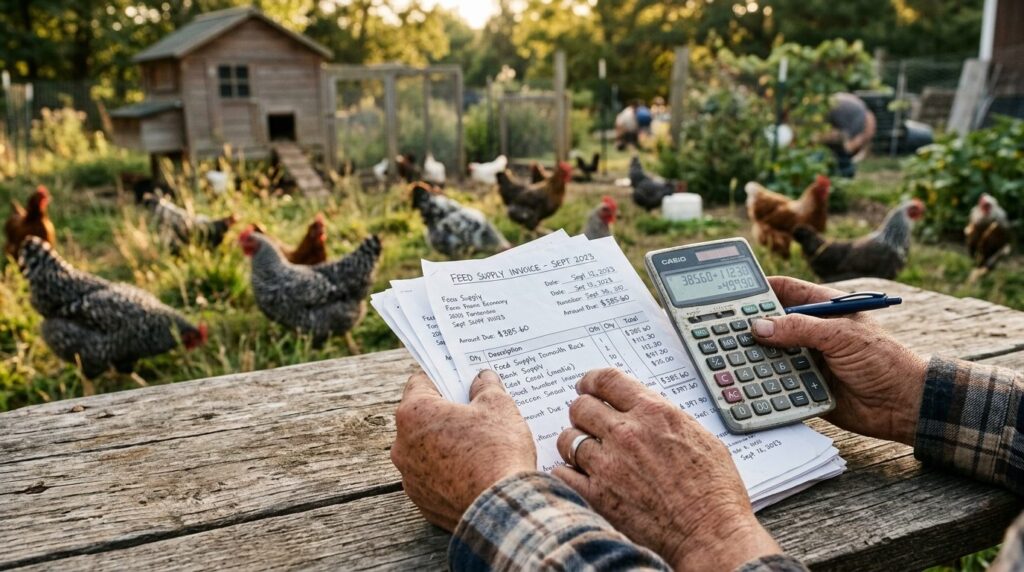 Close-up of farmers hands holding invoice and calculator on