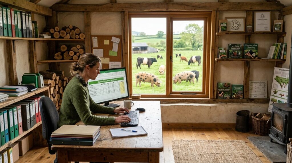 Small organic farm office interior with computer, price calc