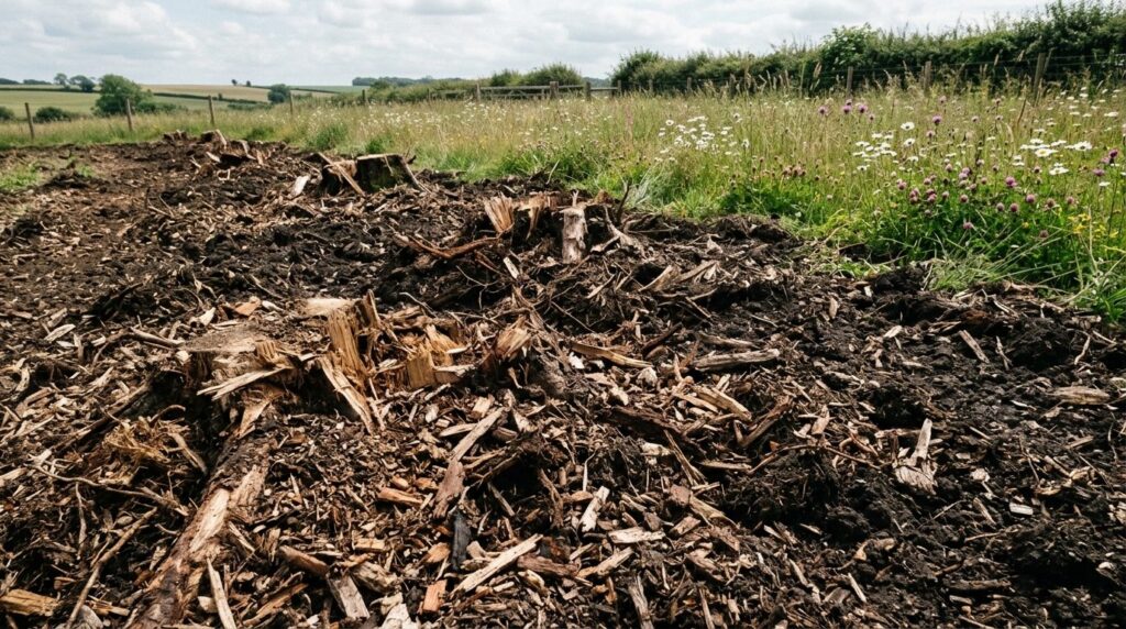 Detailed close-up of freshly ground tree stumps and roots in