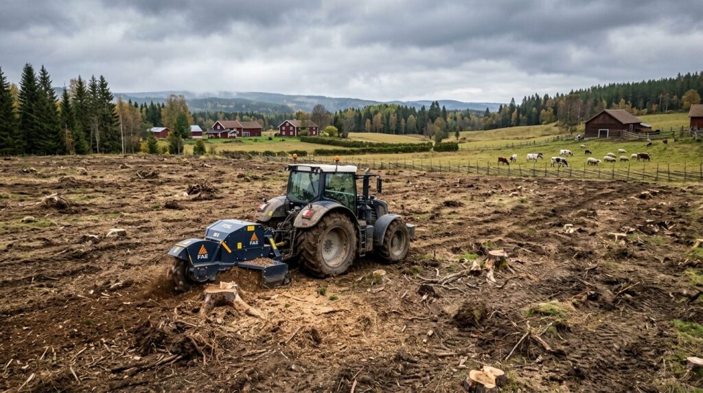 Wide landscape view of a cleared agricultural field being pr