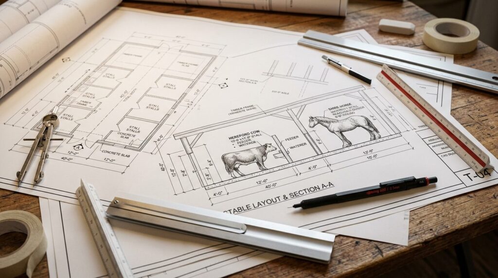 Close-up of architectural blueprints and technical drawings 