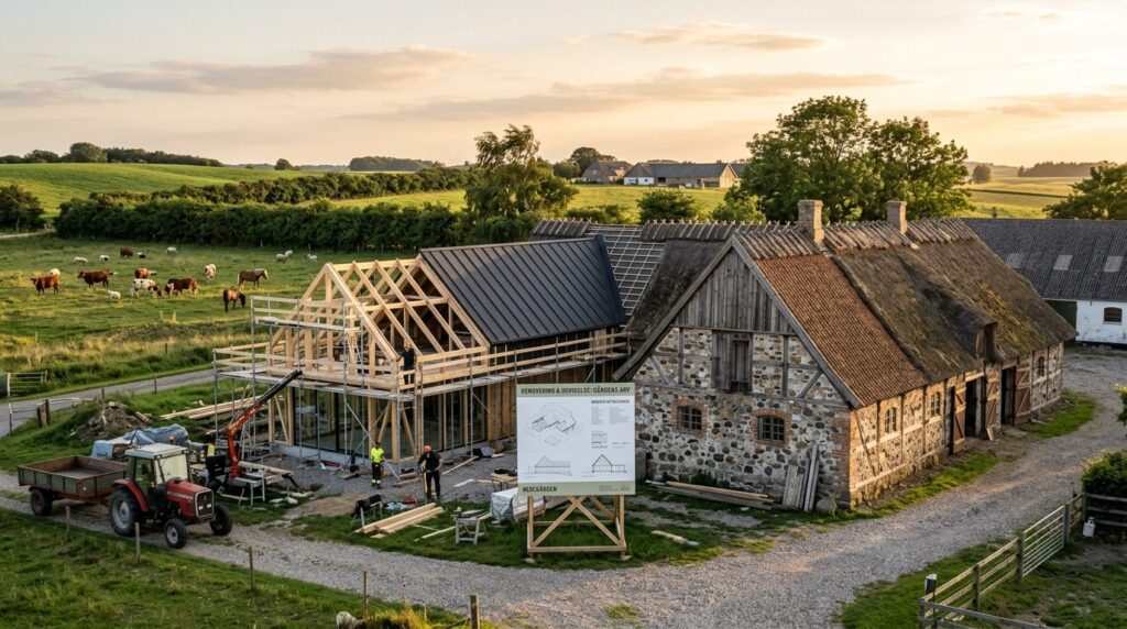 Modern farmstead with traditional stone stable building unde