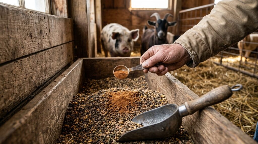 Close-up photograph of cinnamon powder being measured and mi