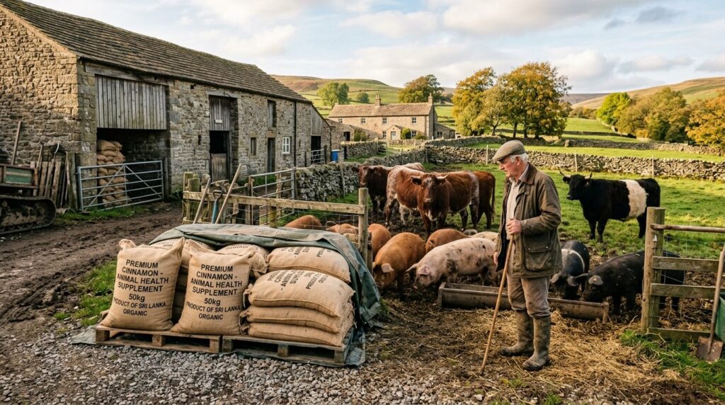 Wide farm scene showing elderly farmer inspecting heritage b