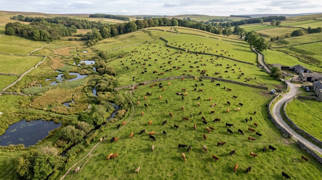 Overhead drone view of a heritage breed cattle herd scattere