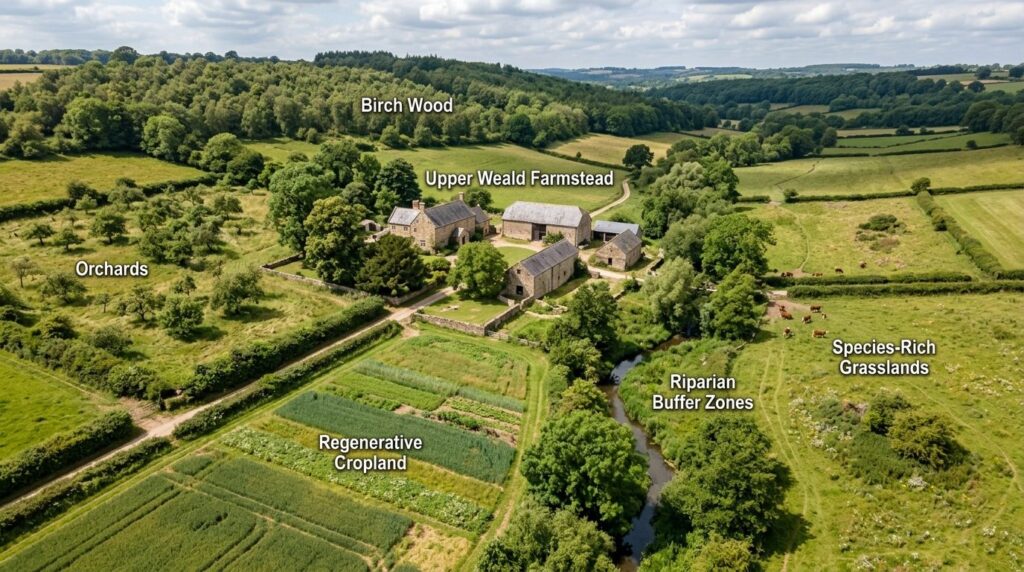 Aerial perspective of diverse natural landscape with old far