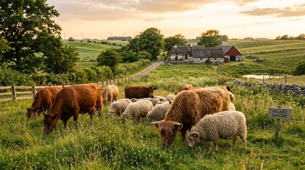 Farm scene with heritage cattle and sheep grazing in organic