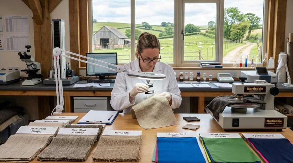 Detailed textile laboratory setup showing woven fabric sampl