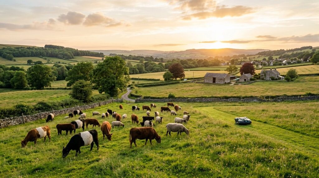 Wide-angle farm landscape: Heritage breed livestock grazing