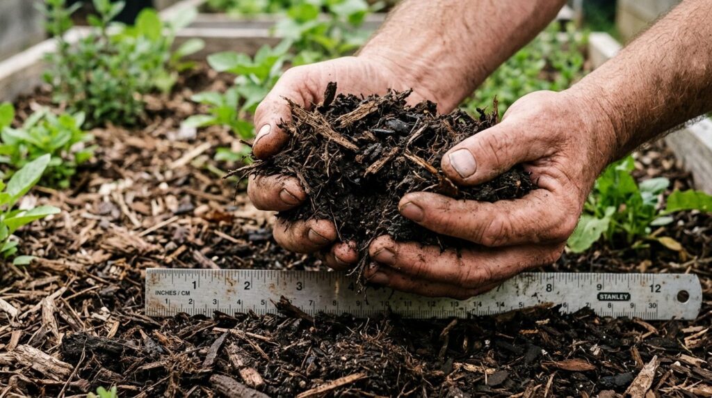 Close-up of hands holding dark mulch and soil, demonstrating
