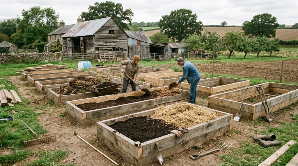 Wide-angle view of multiple raised garden beds in various st