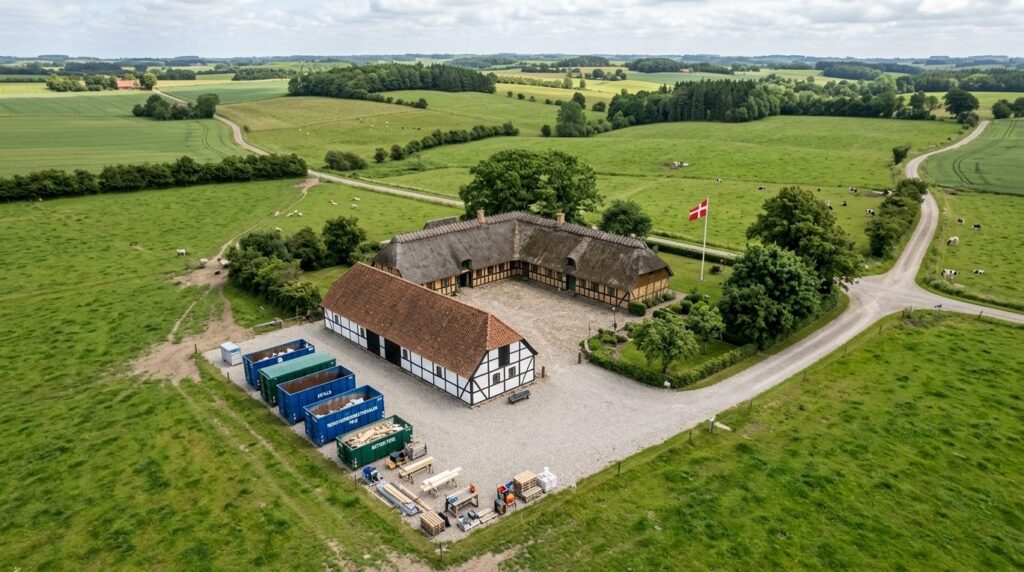 Aerial view of a traditional Danish farm property in Midtjyl