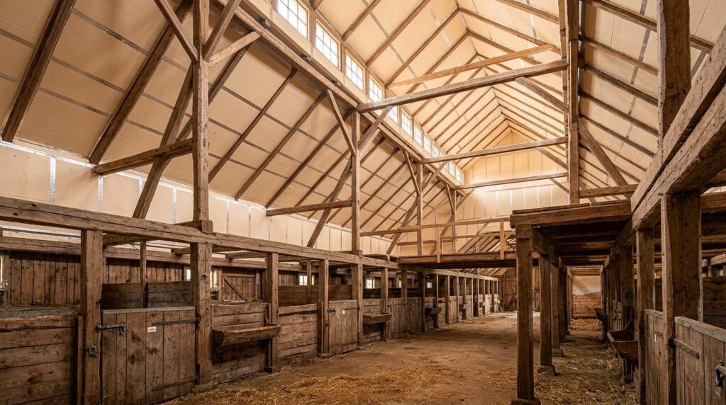 Wide angle photograph of a heritage wooden livestock barn in