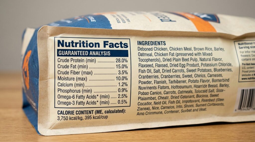 Close-up detailed shot of dog food nutrition label and ingre
