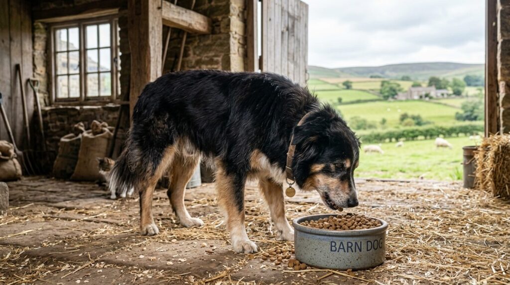 Older heritage breed farm dog eating from ceramic bowl fille