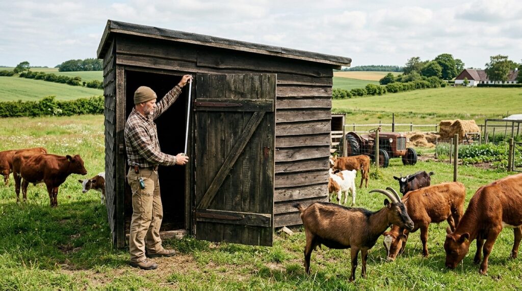Wide shot of a hobby farmer standing beside a traditional ti