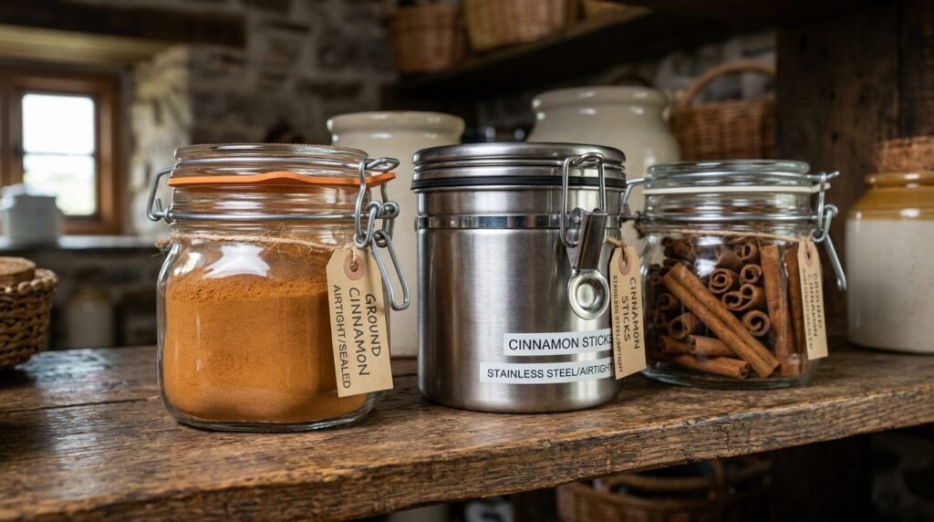 Close-up photorealistic image of proper cinnamon storage met