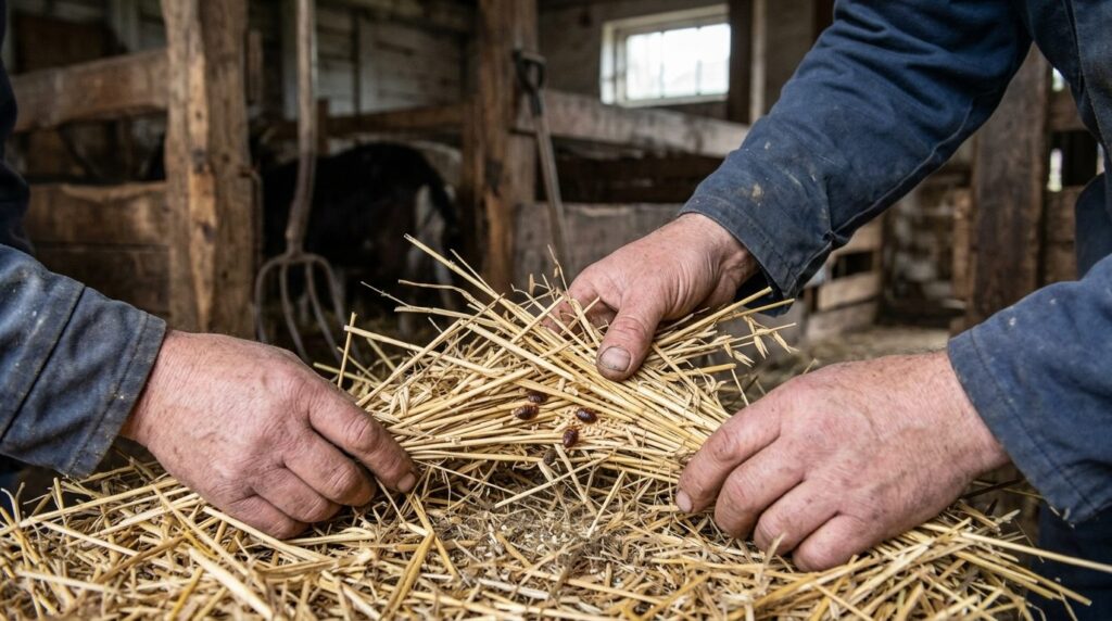 Realistic photograph of a farmers hands inspecting bedding 