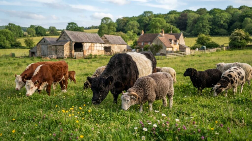 Close-up photograph of rare heritage breed cattle and sheep 