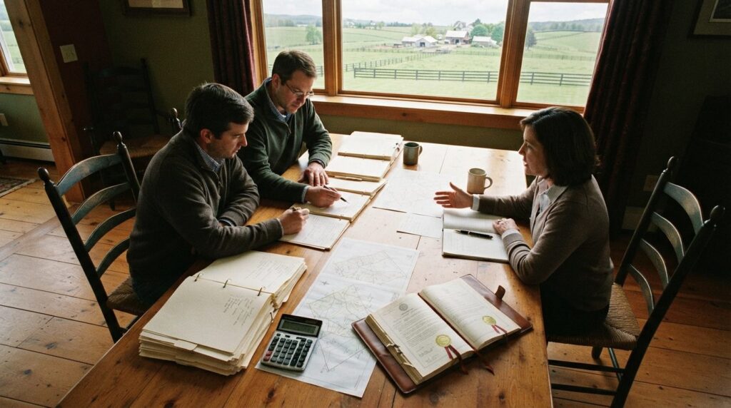 Professional overhead view of a farm property transfer meeti